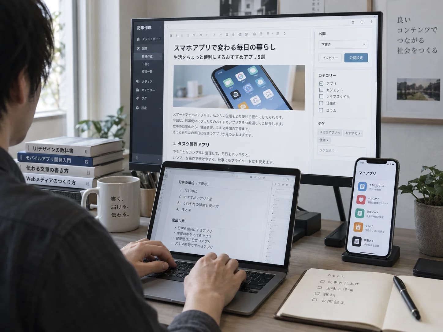 PCでスマホアプリの記事を執筆している様子